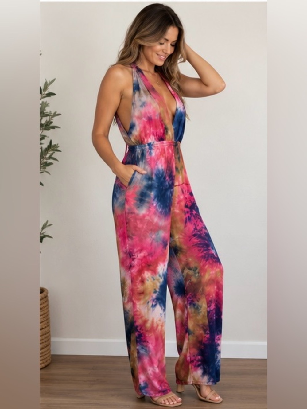 Rosevelvet Tie-Dye Halter Jumpsuit w/side pockets, adjustable tie straps in back